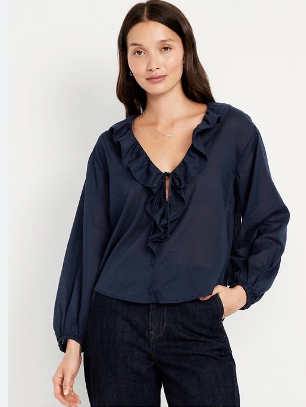Old Navy Dark Navy Ruffle Tie-Front Blouse